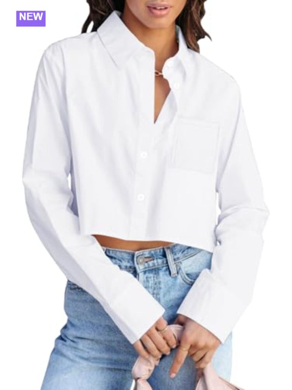 Cropped Long Sleeve Button Down Blouse V-Neck Casual Top
